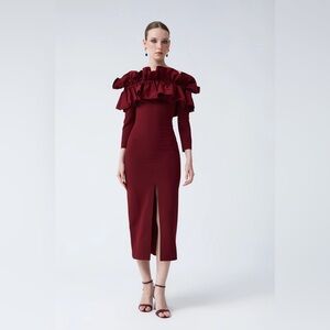 COOSY Choco Winter Garnet/Burgundy Ruffle Dress, Size XL